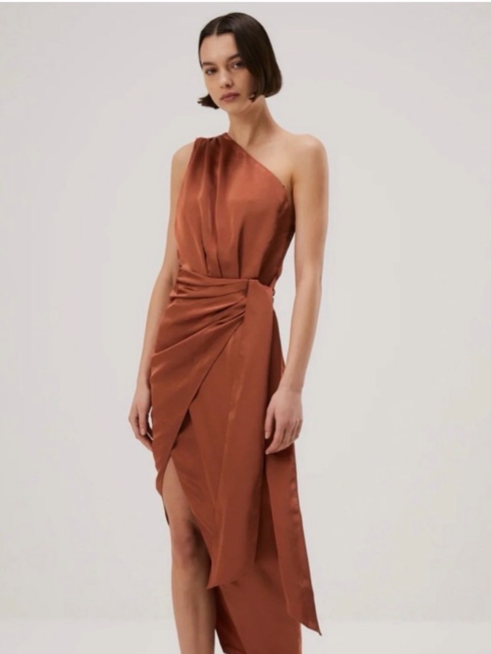 Misha Brooks One-Shoulder Satin Midi Dress, Copper, Size M - Picture 1 of 5